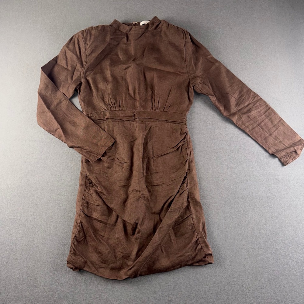 DISSH Maya Dark Chocolate Linen Mini Dress Size 6 Brown Long Sleeve DNP11083DBR